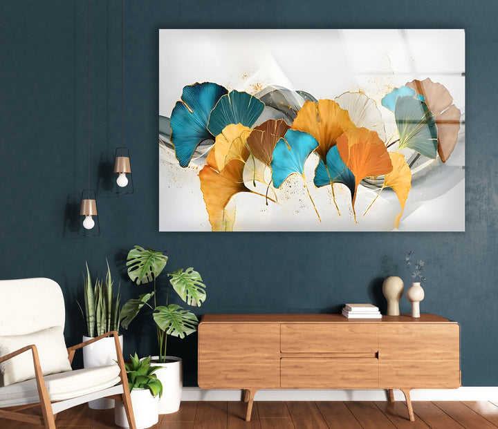 Turquoise & Orange Flower Glass Wall Art picture on glass wall art, photos printed on glass
