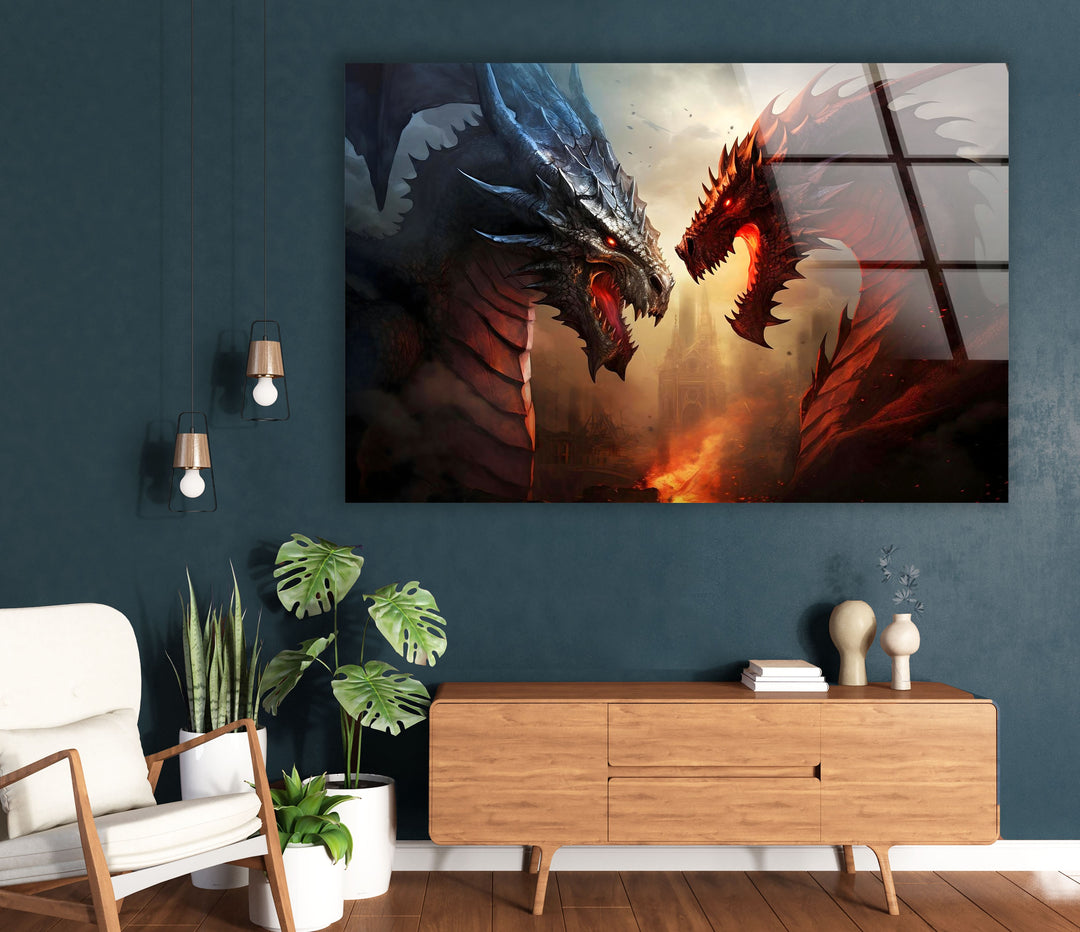 Fiery dragons engaged in battle, their strength and fury captured in stunning detail.
