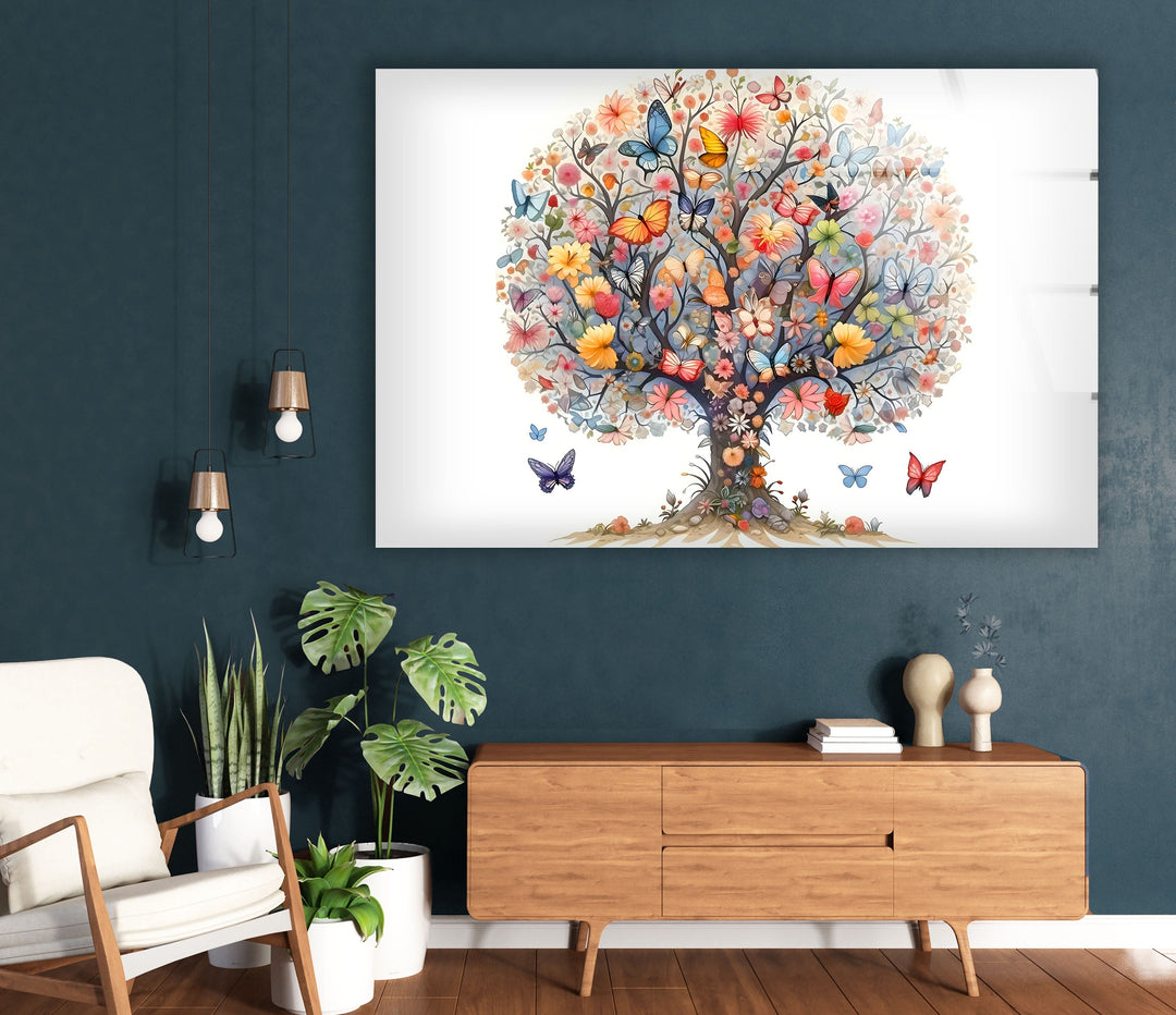 Flower & Butterfly Tree Glass Wall Art print on glass, glass printed photos
