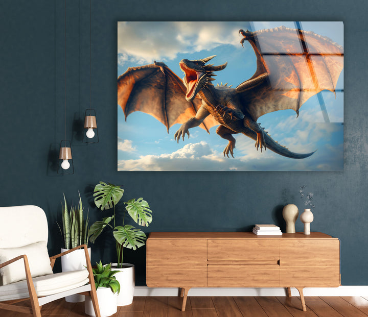 Striking dragon flying through the sky, with wings spread wide and a fierce expression.
