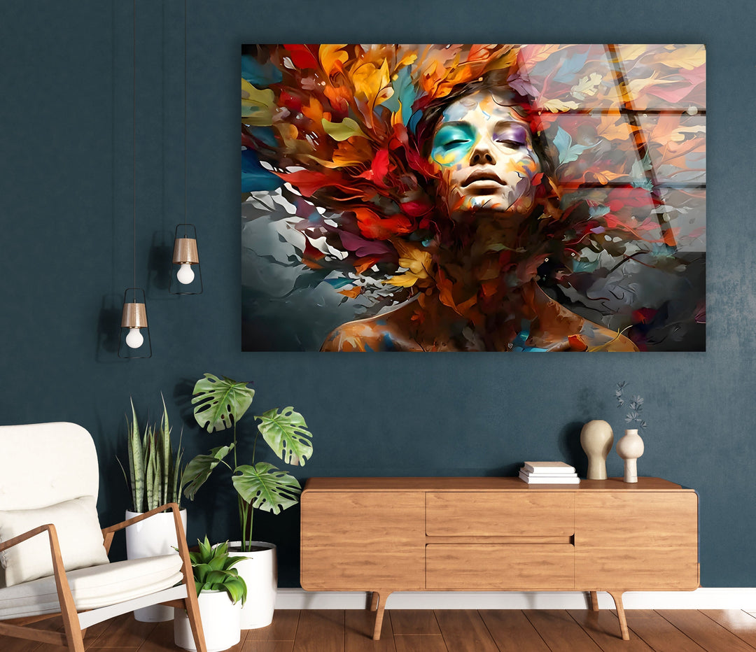 Woman with Colored Leafs Glass Wall Art glass wall decor, glass wall art decor
