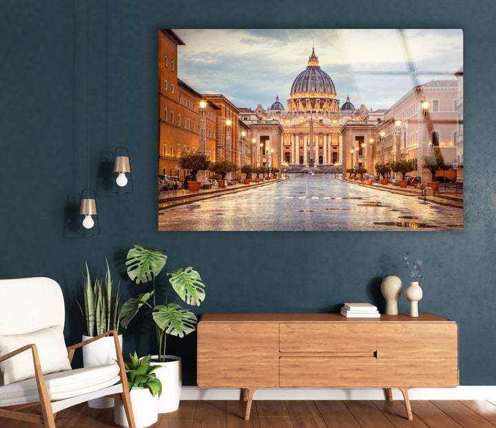 Vatican City Glass Wall Art – Majestic View of St. Peter's Basilica at Dusk