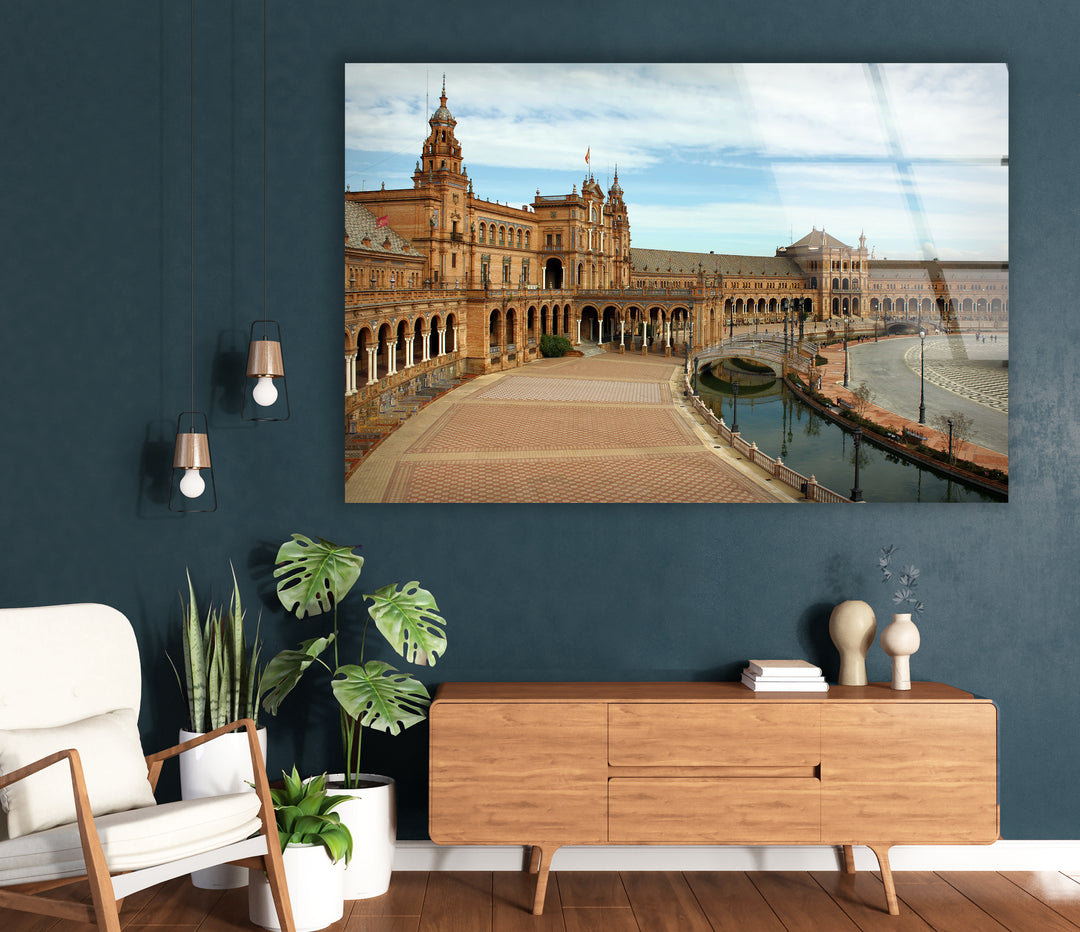 Plaza de España Glass Wall Art – Majestic Spanish Landmark with Scenic Canal View