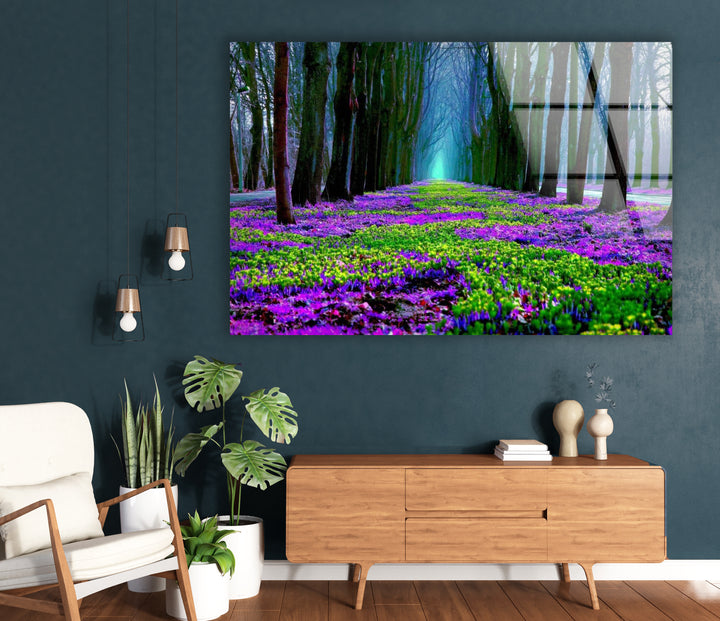 Flower Pathway Glass Wall Art – Serene Spring Landscape with Lush Blooming Flowers