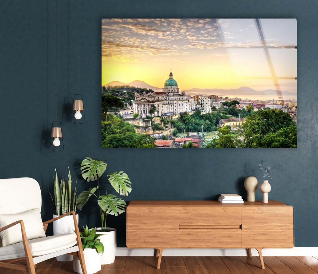 Sunset View of Naples Skyline Glass Wall Art – Iconic Italian Cityscape with Mt. Vesuvius View