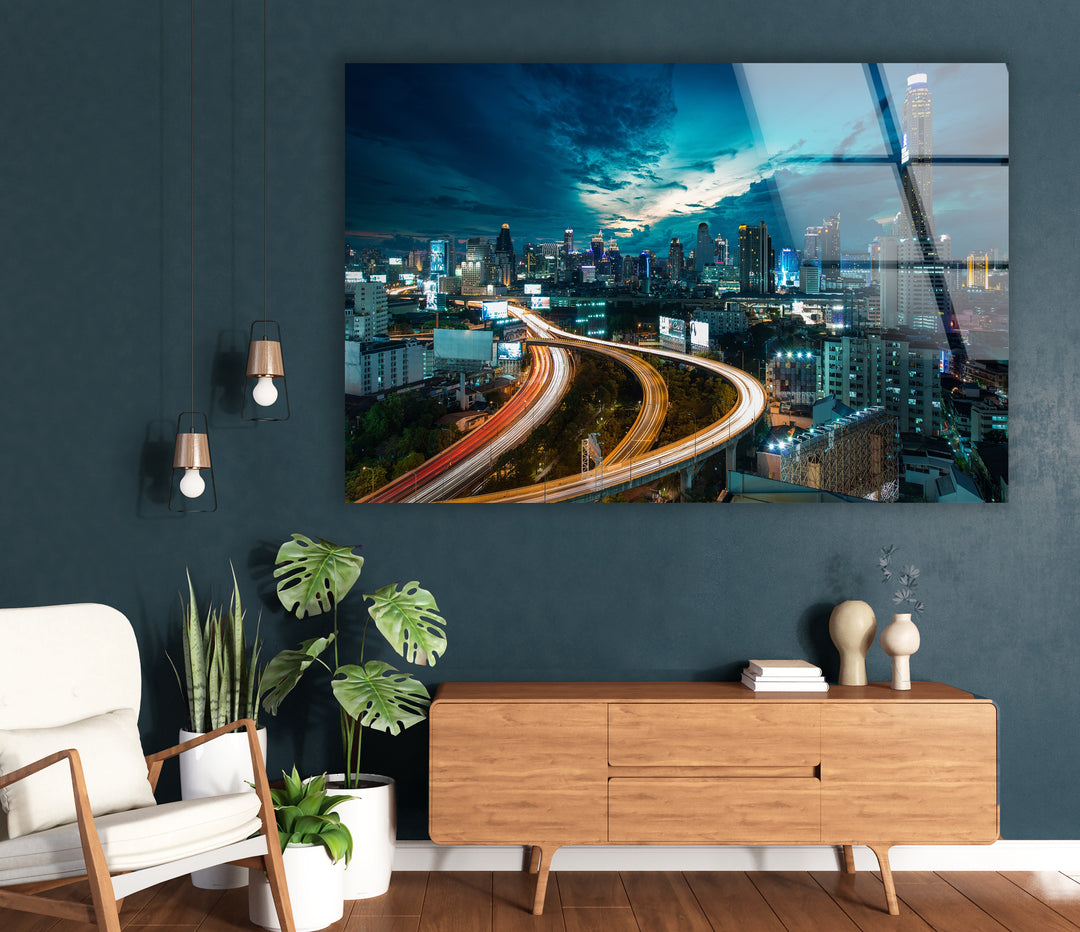 Bangkok Skyline Glass Wall Art – Stunning Night View of Thailand’s Iconic Cityscape