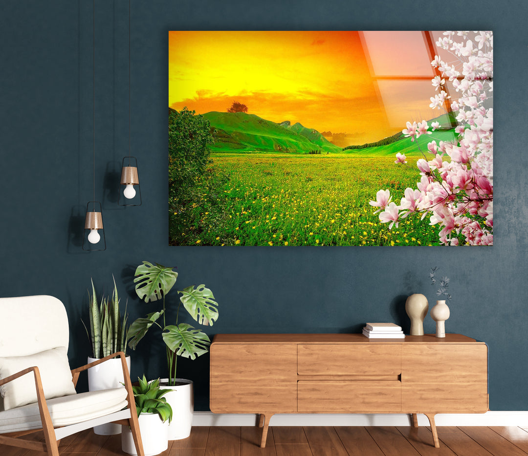 Sunset Meadow Glass Wall Art – Beautiful Spring Landscape with Blossoming Flowers