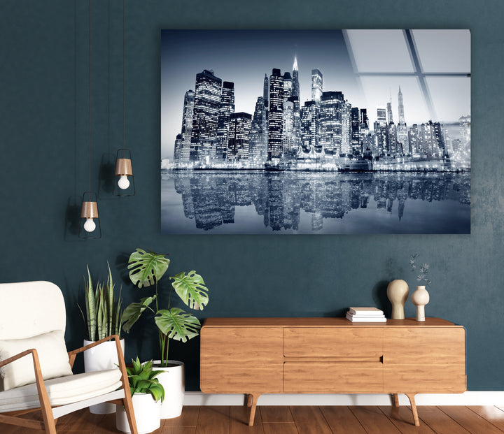 Black and White New York City Skyline Glass Wall Art – Iconic NYC View with Reflections