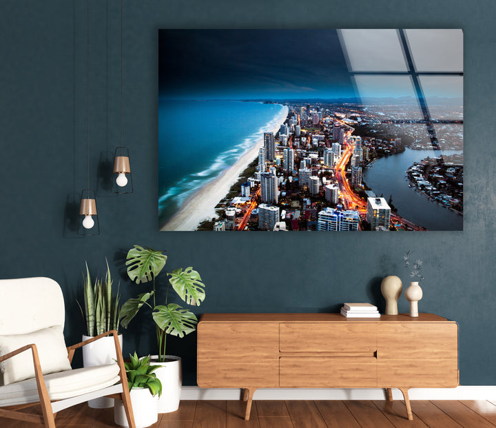 Gold Coast Skyline Glass Wall Art – Majestic View of Australian Coastal City at Night