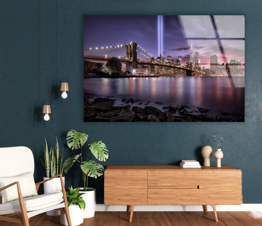 Brooklyn Bridge Glass Wall Art – Breathtaking NYC Skyline with Tribute in Light