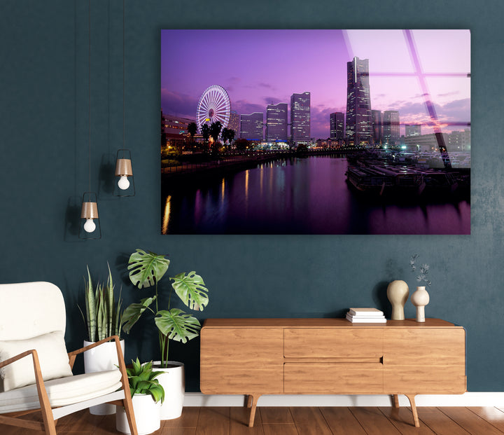 Yokohama City Skyline Glass Wall Art – Stunning Waterfront View with Ferris Wheel at Sunset