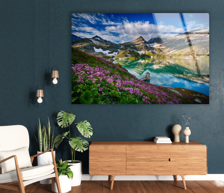 Norwegian Fjord Glass Wall Art – Majestic Mountain with Blossoming Flowers