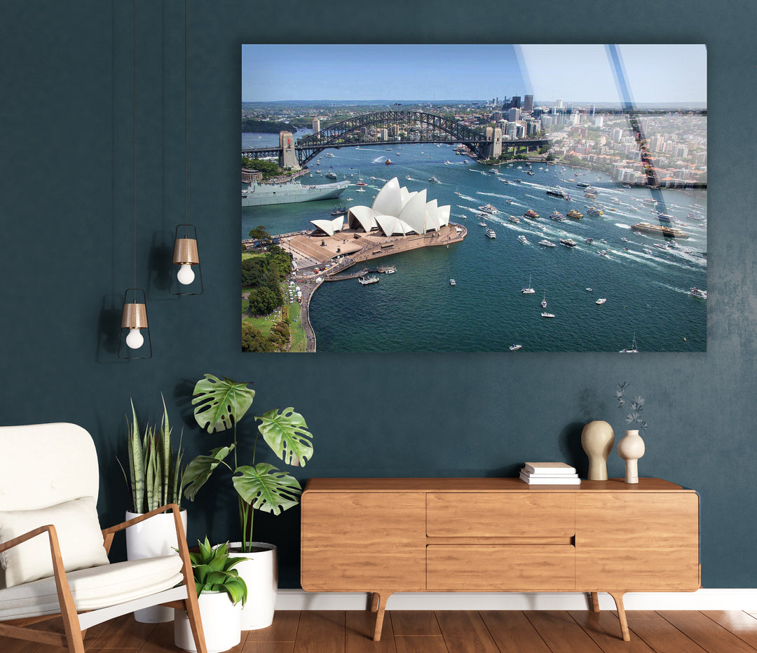 Sydney Opera House Glass Wall Art – Iconic View of Australia's Landmark & Harbour Bridge