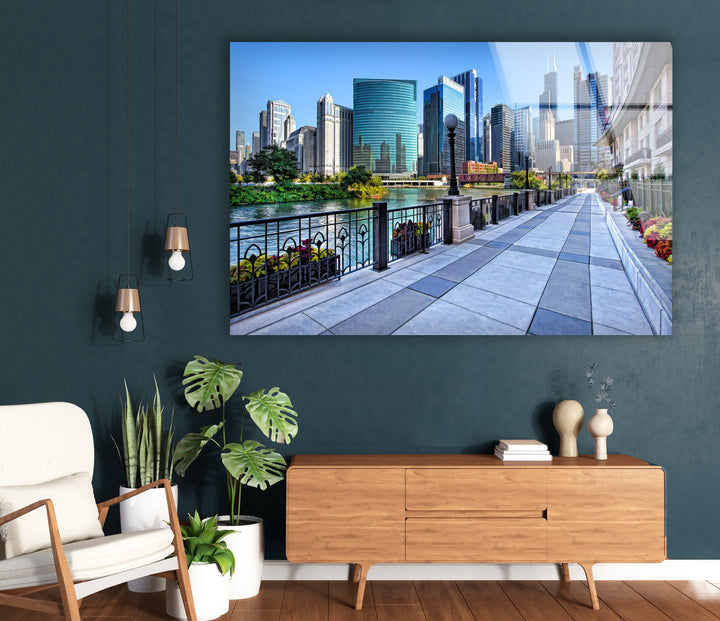 Chicago Riverwalk Glass Wall Art – Stunning View of Downtown Skyscrapers & Waterfront Path