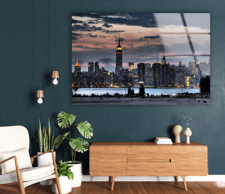 New York City Skyline Glass Wall Art – Stunning Evening View of Empire State Building & Downtown