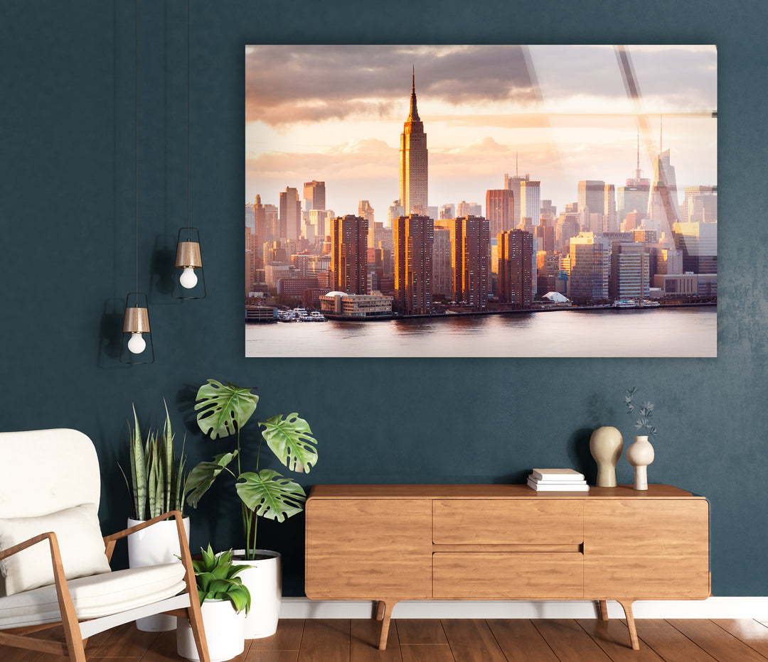 Empire State Building Glass Wall Art – Stunning NYC Skyline at Sunset