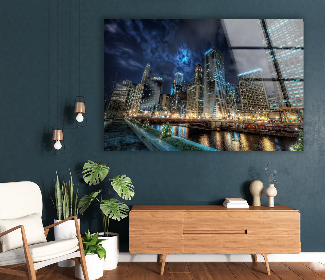 Chicago Skyline Glass Wall Art – Majestic View of Chicago's Iconic River & Skyscrapers at Night