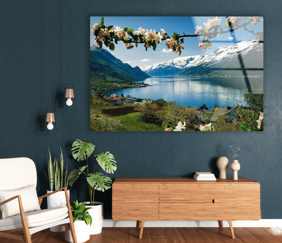 Norwegian Fjord Glass Wall Art – Majestic Mountain & Lake View with Blossoming Flowers