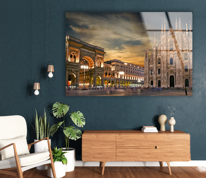 Milan Cityscape Glass Wall Art – Iconic Duomo Cathedral & Galleria Vittorio Emanuele at Dusk