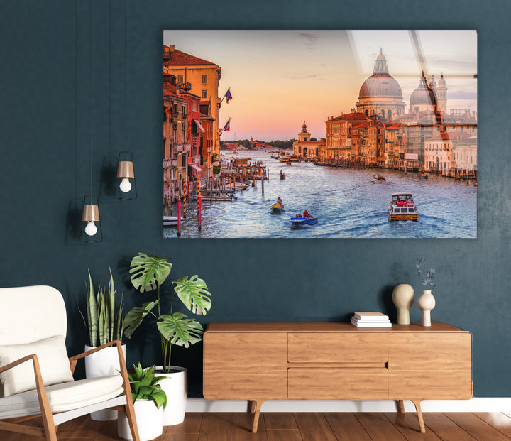 Venice Canal Glass Wall Art – Iconic Grand Canal View at Sunset with Boats