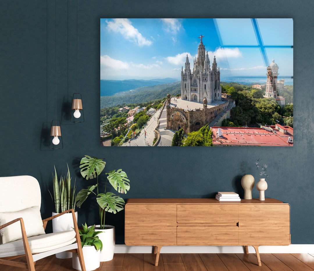 Tibidabo Cathedral Glass Wall Art – Majestic View of Barcelona’s Iconic Mountain & Church