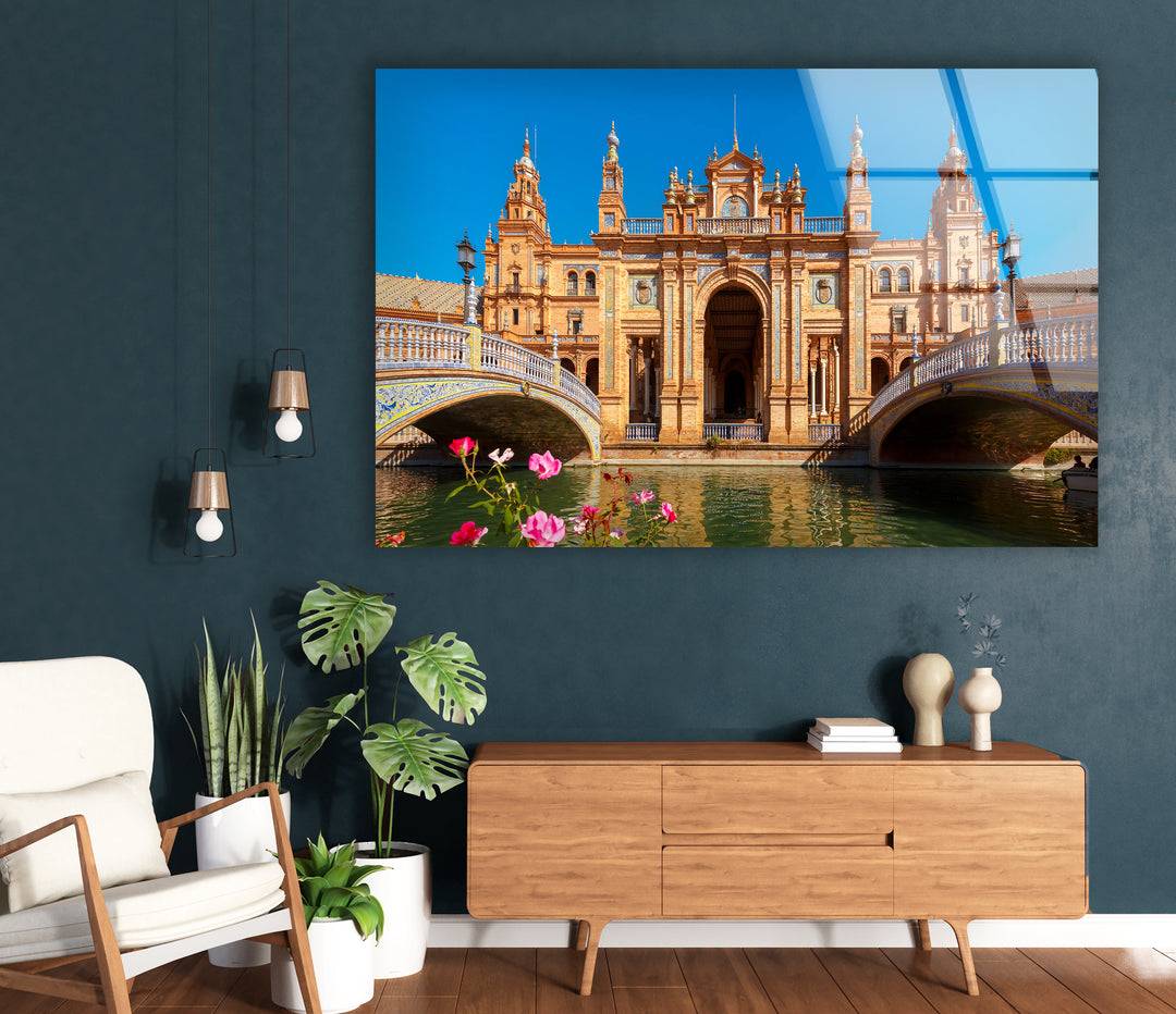 Plaza de España Glass Wall Art – Majestic Spanish Landmark with Scenic Canal