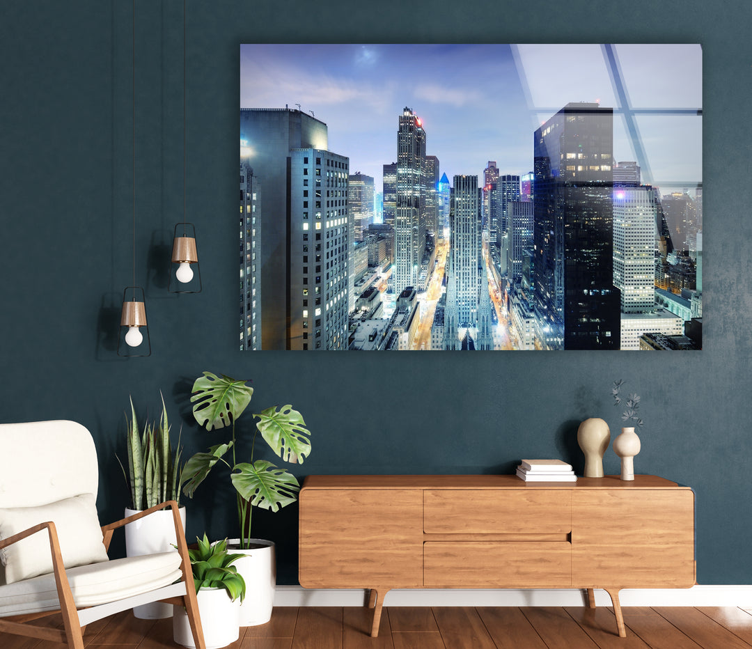 Chicago Skyline Glass Wall Art – Stunning Night View of Downtown Skyscrapers and Streets