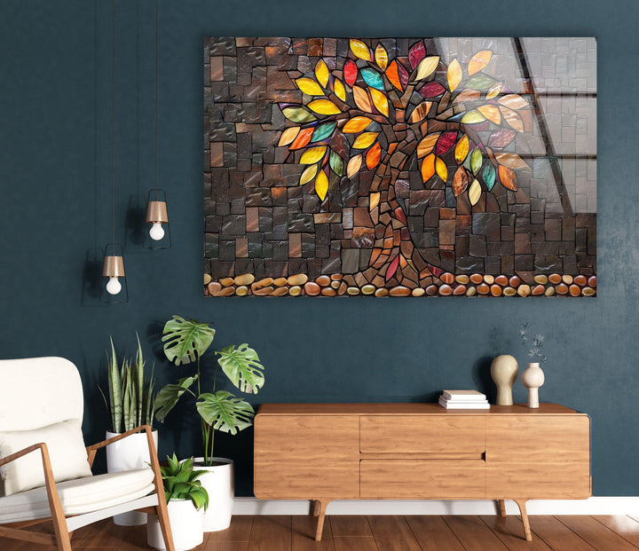 Mosaic Brown Tree Of Life Glass Wall Art photo print on glass, prints on glass wall art