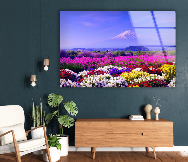 Mount Fuji and Flower Field Glass Wall Art – Majestic View of Japan’s Iconic Mountain & Blossoming Landscape