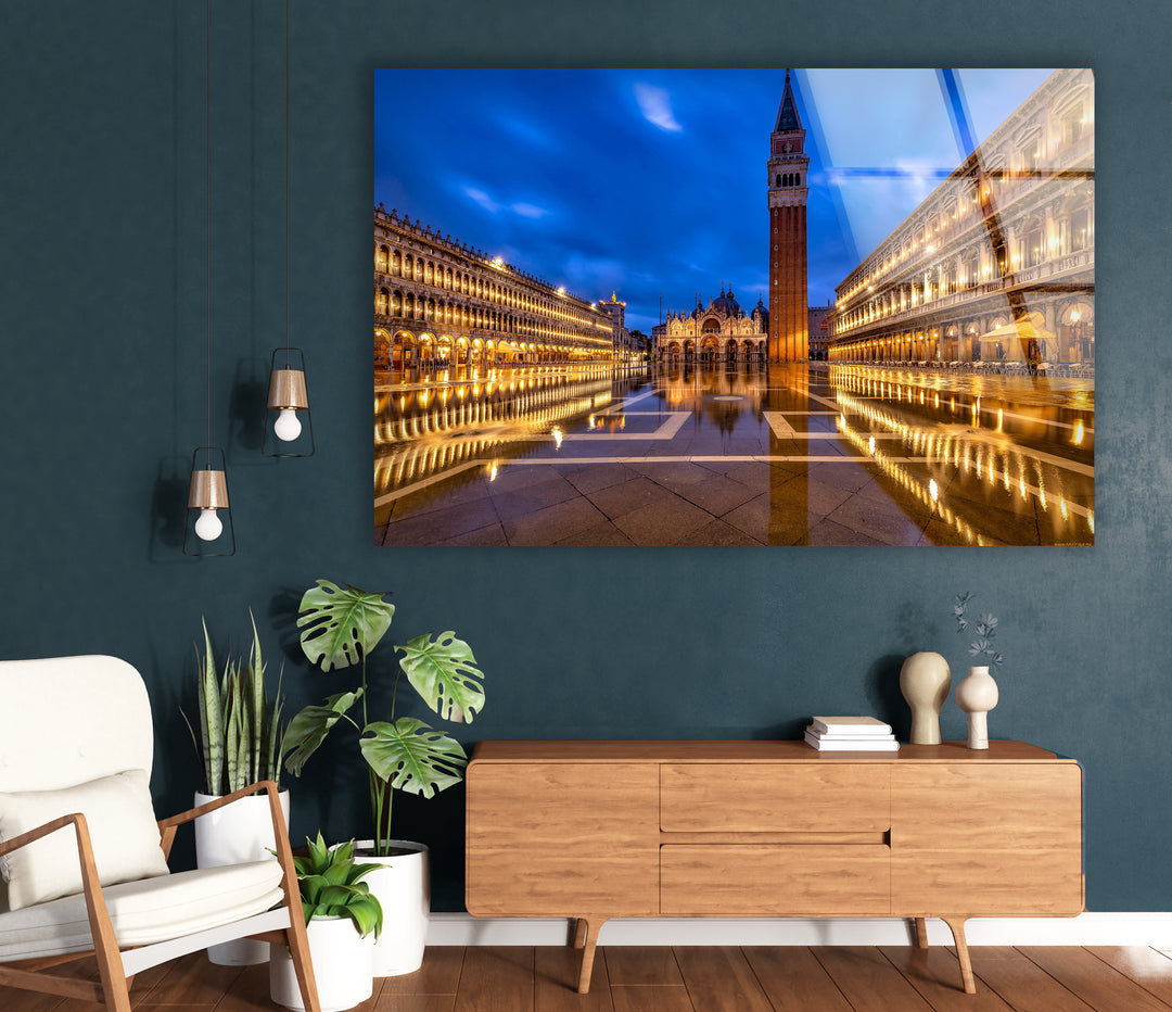 St. Mark's Square Glass Wall Art – Majestic Venice Landmark with Illuminated Campanile Tower