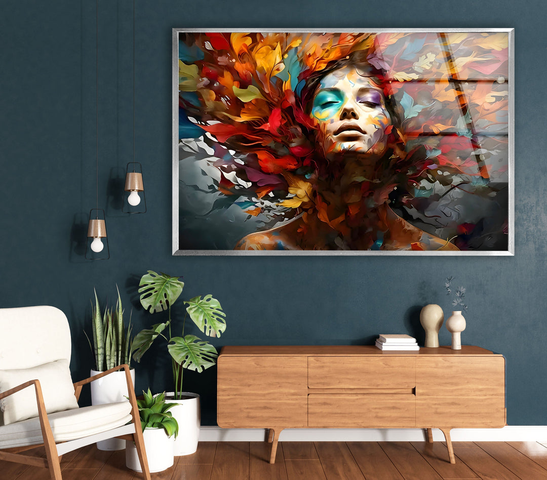 Woman with Colored Leafs Glass Wall Art photo print on glass, prints on glass wall art
