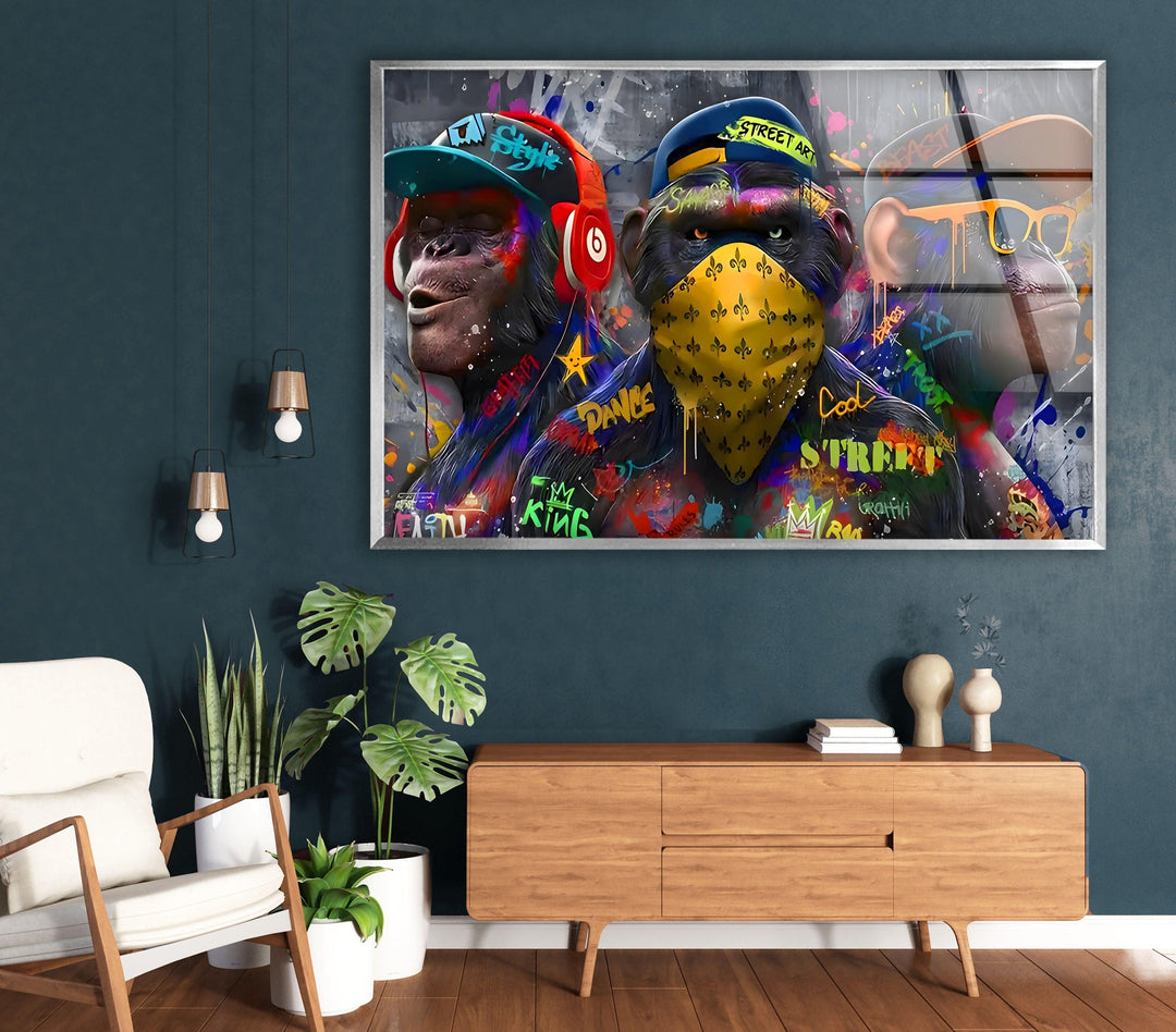 Monkeys Pop Art Glass Wall Art photo print on glass, prints on glass wall art
