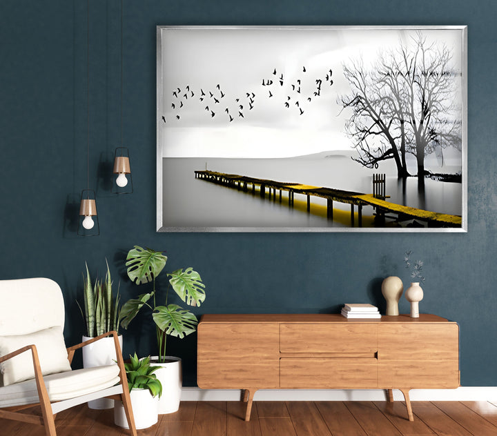 Black & White Dock and Birds Glass Wall Art glass photo prints, glass picture prints
