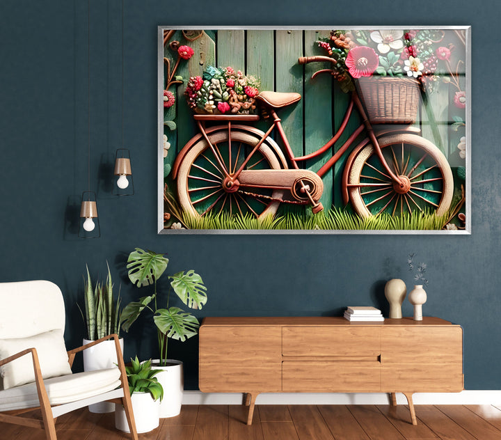 Bicycle with Flowers Glass Wall Art picture on glass wall art, photos printed on glass
