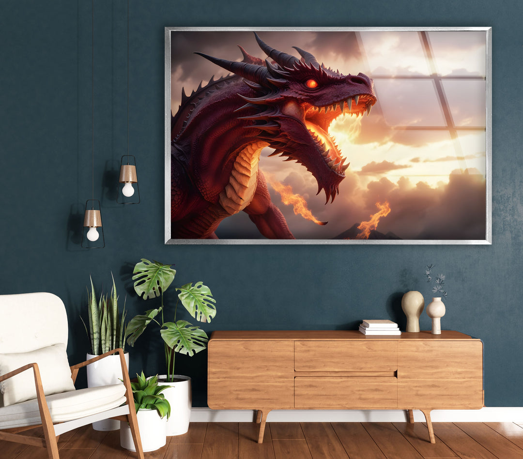 Dragon with fiery breath and glowing eyes, surrounded by the heat of a sunset.
