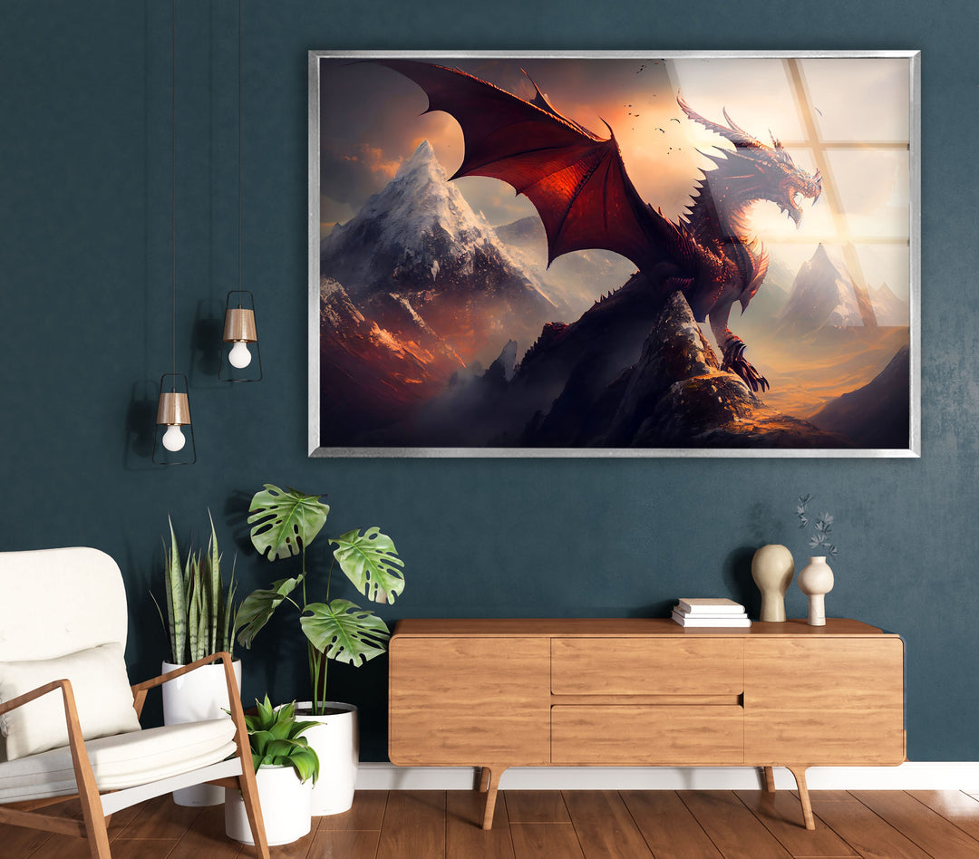 Stunning red dragon in full flight, soaring over towering mountains and glowing skies.
