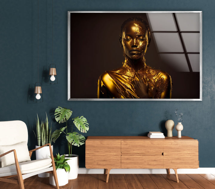 Portrait of a Woman Covered With Gold Glass Wall Art photo print on glass, prints on glass wall art
