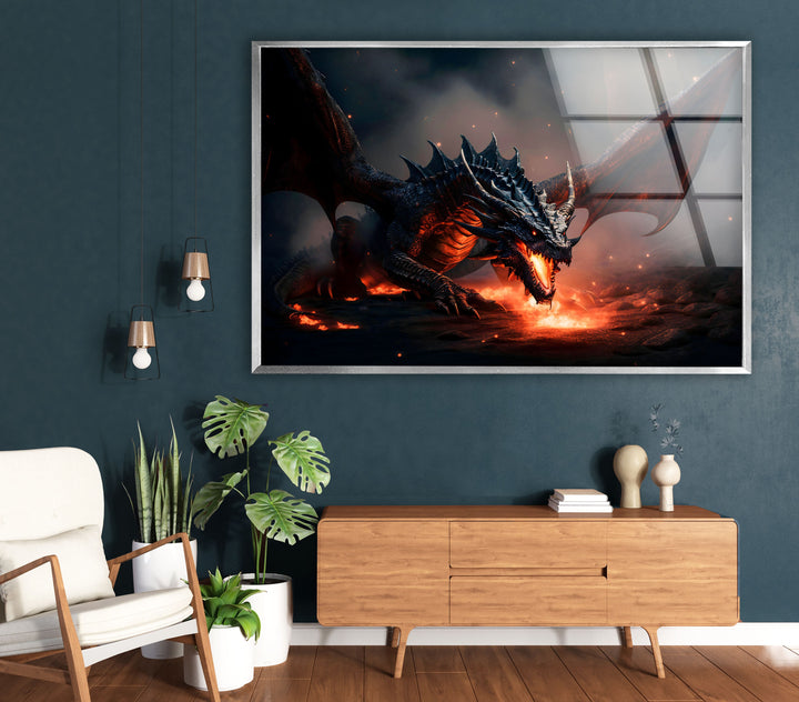 Dragon in full roar, surrounded by a dramatic fiery background full of intensity.
