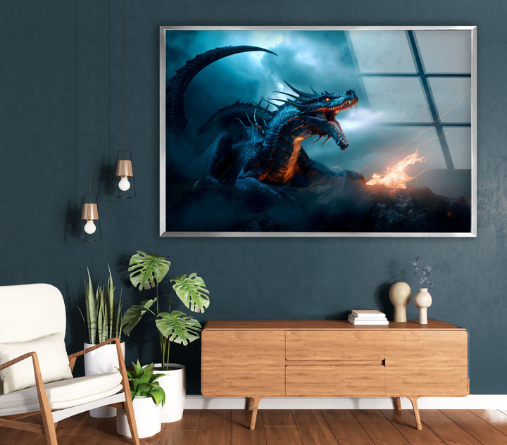 Mythical dragon with fierce energy, roaring in a fiery and dramatic environment.
