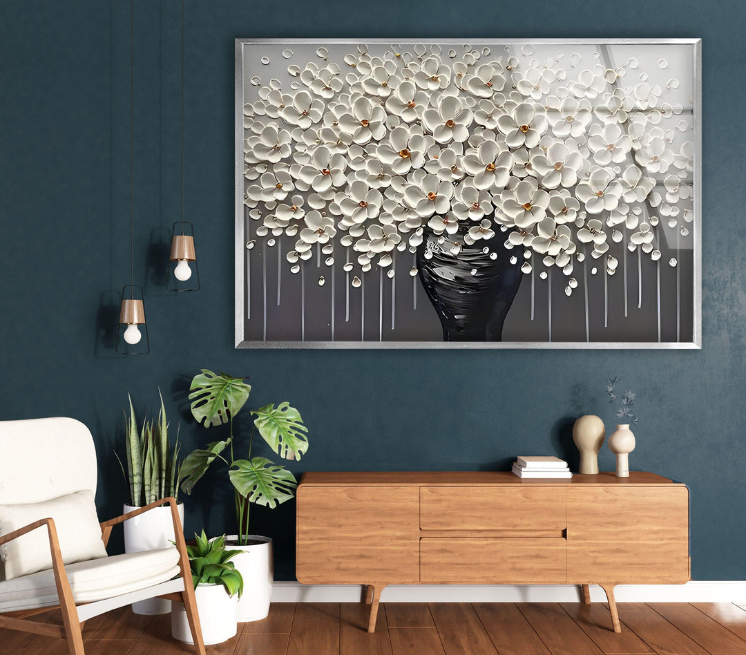 White Flowers and Grey Vase Glass Wall Art photo print on glass, prints on glass wall art
