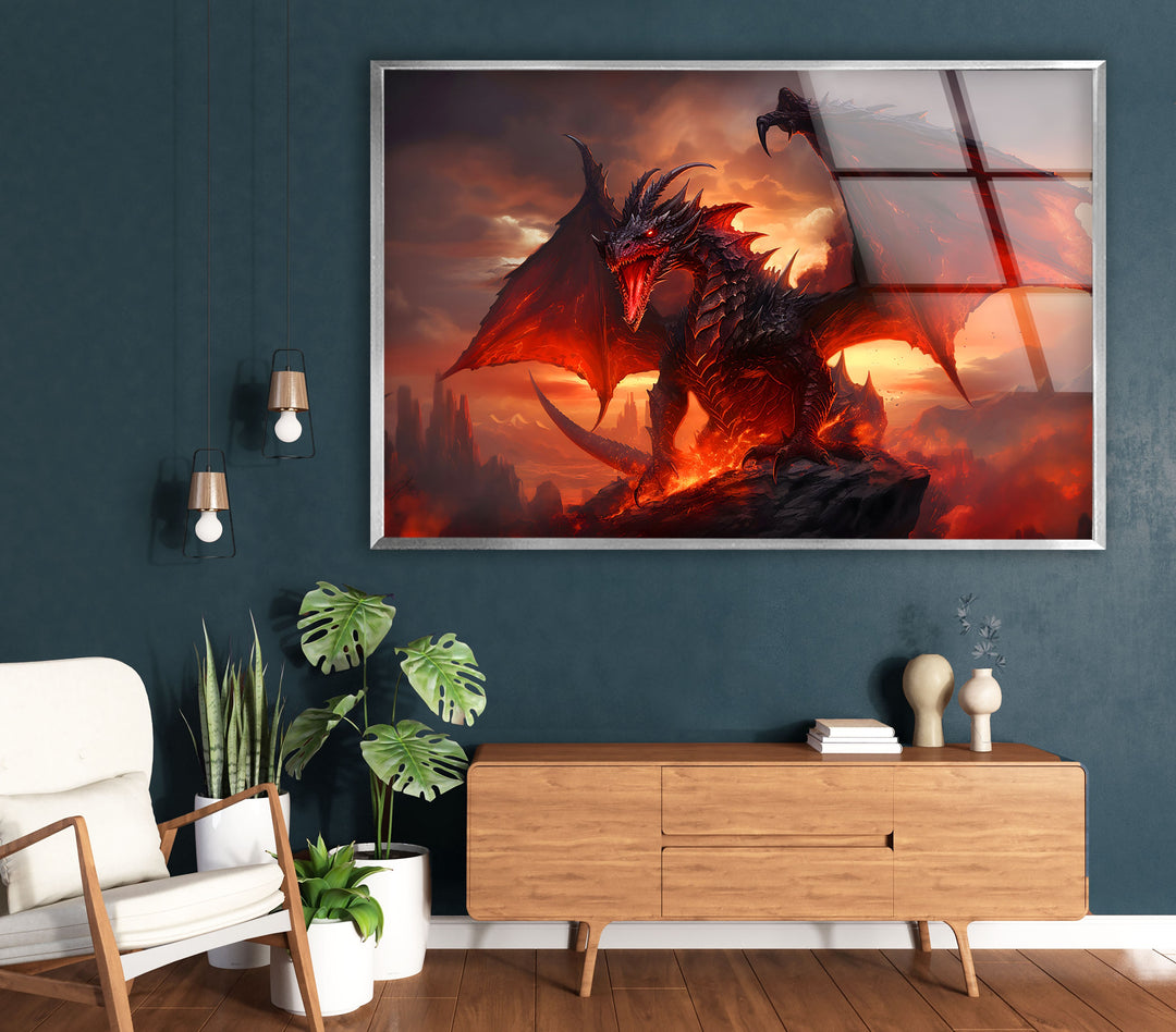 Breathtaking dragon art featuring a fierce beast in a fiery landscape.
