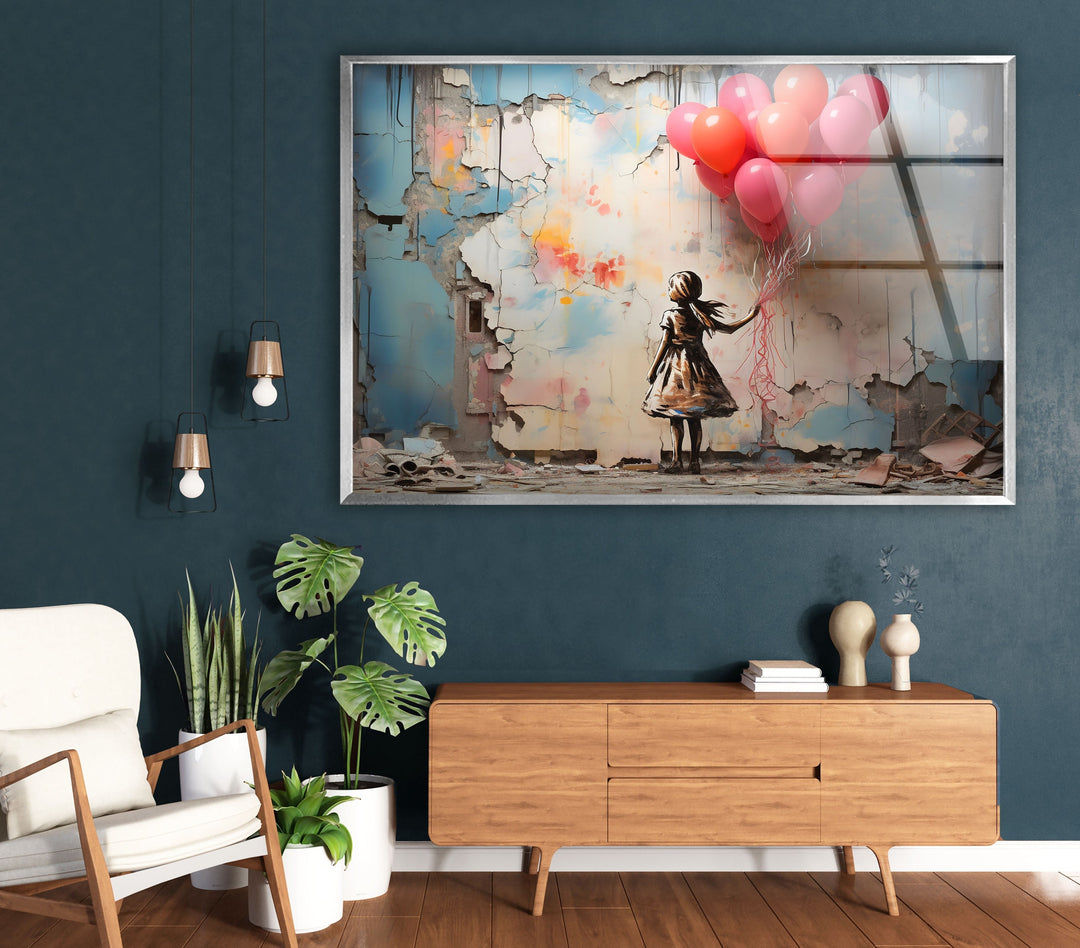 Girl Holding Balloon Glass Wall Art photo print on glass, prints on glass wall art
