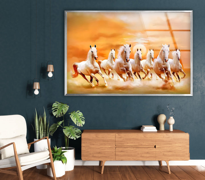 White Horses Running on Sunset Glass Wall Art picture on glass wall art, photos printed on glass
