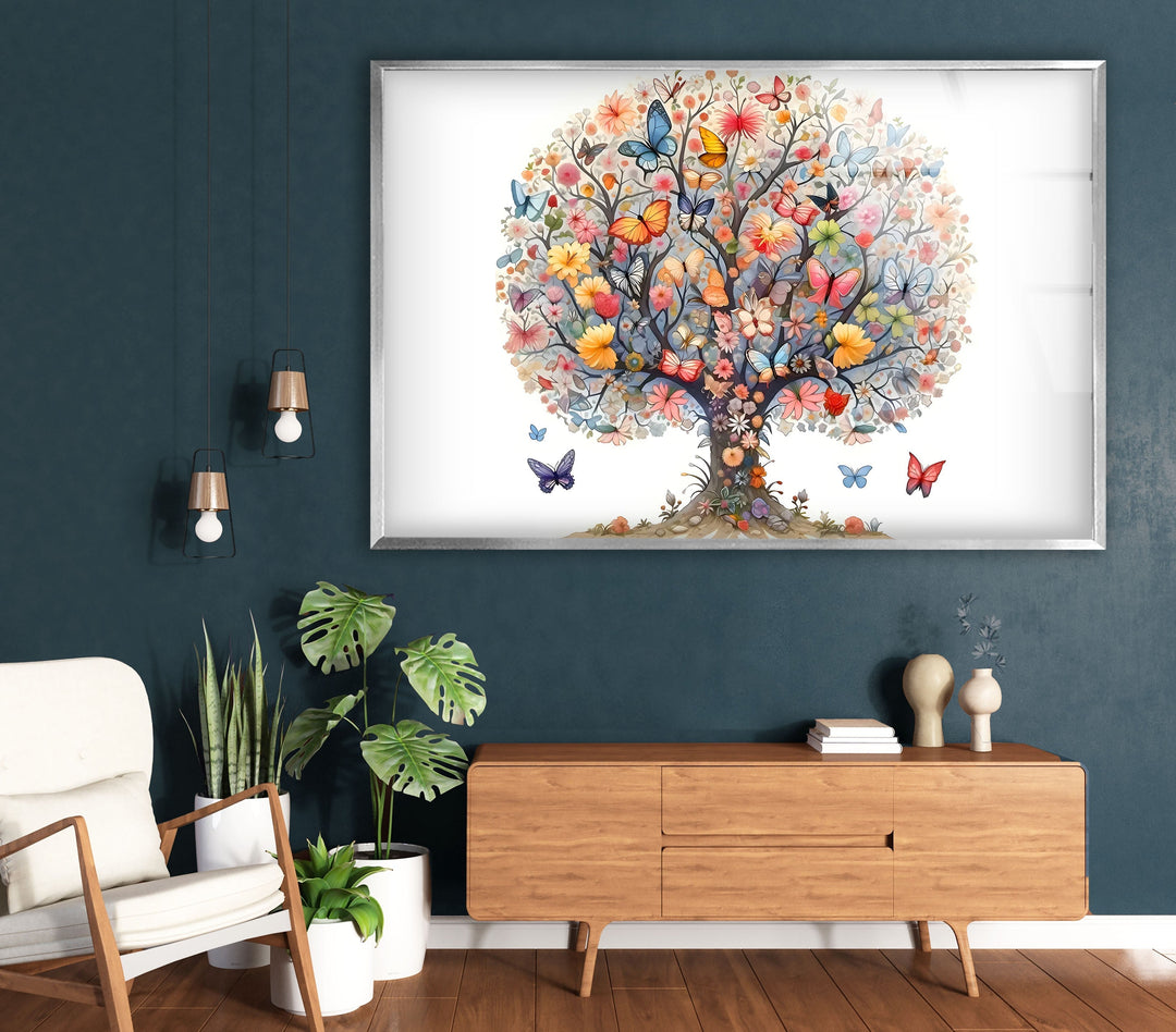 Flower & Butterfly Tree Glass Wall Art glass pictures for Wall, glass prints wall art
