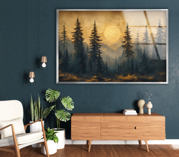 Sunset Forest Landscape Glass Wall Art custom glass photo prints, large glass prints
