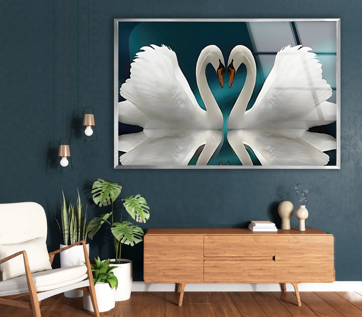 Couple Heart Swans Glass Wall Art Glass Printing Wall Art, Print photos on glass
