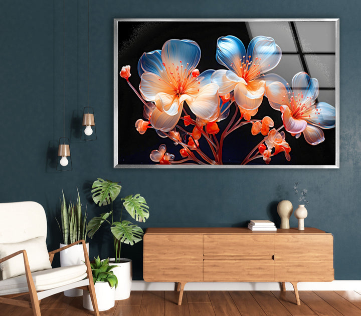 Orange & Blue Flower Glass Wall Art glass wall decor, glass wall art decor
