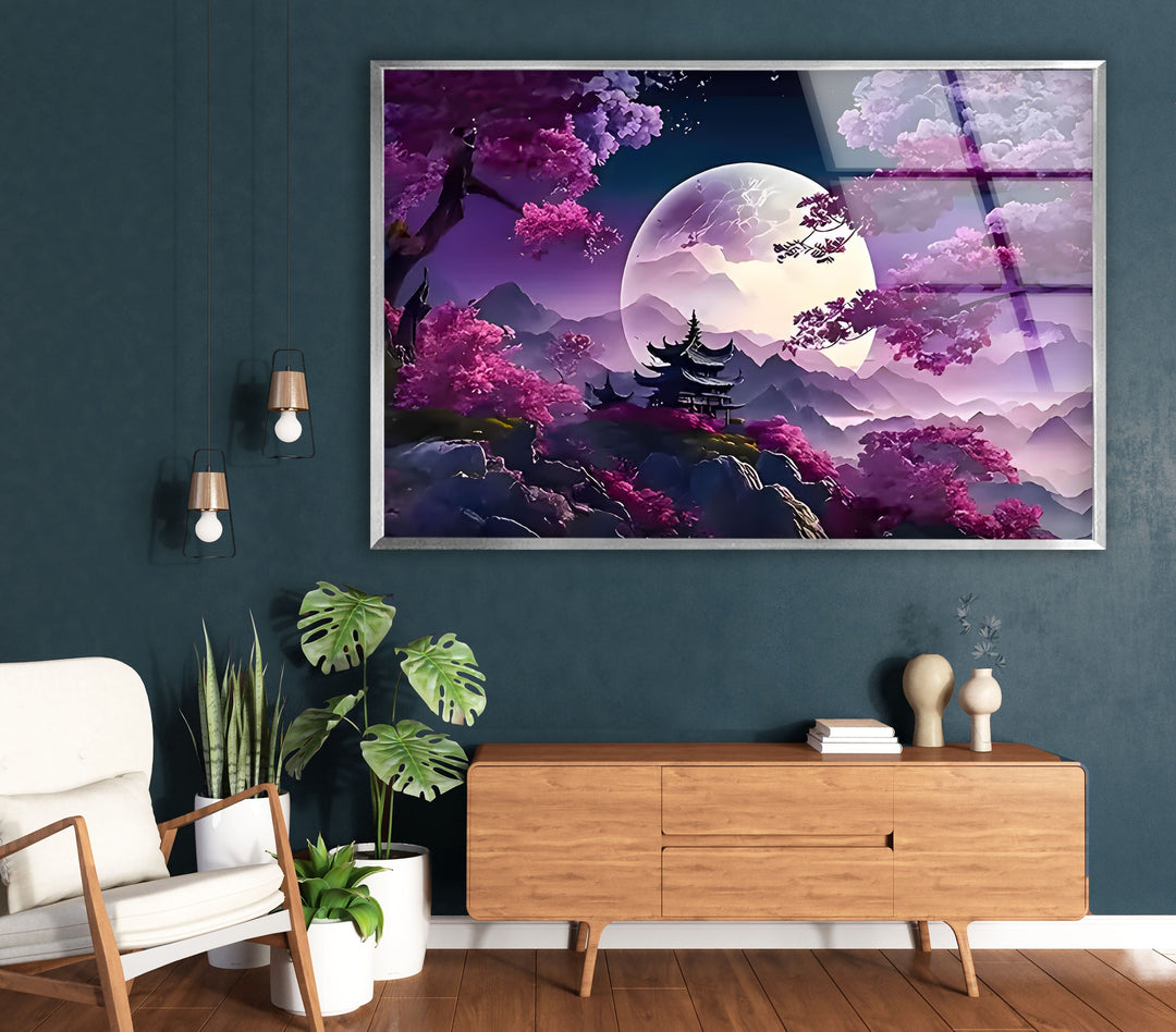 Japanese Temple Purple Sunset Glass Wall Art art glass wall art, glass wall art pictures
