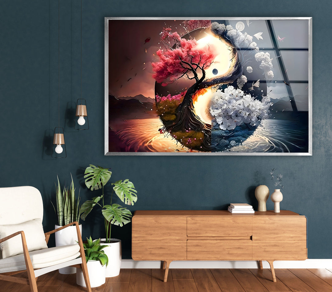 Yin Yang Flower Tree Glass Wall Art glass photo prints, glass picture prints
