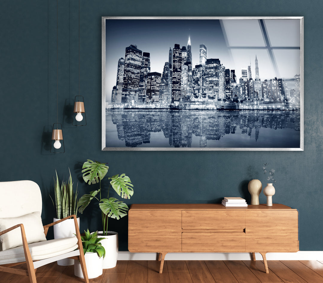 Black and White New York City Skyline Glass Wall Art – Iconic NYC View with Reflections